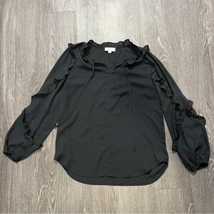 🤍 Loft Womens Dark Gray Ruffled Neck Long Sleeve Flowy Top Size XS Solid 🤍